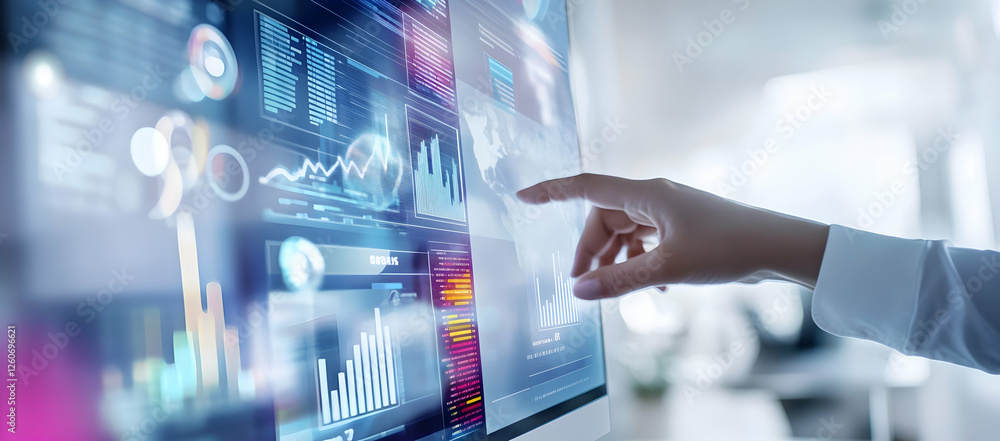 Poster business professional analyzing data on a futuristic digital dashboard with charts and graphs