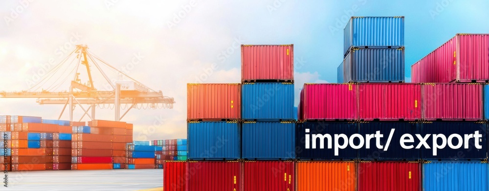 Poster a vibrant stack of shipping containers labeled 