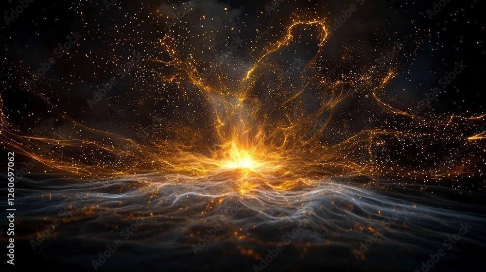 Poster dynamic viewpoint gold light spots dispersing in dark abstract art environment