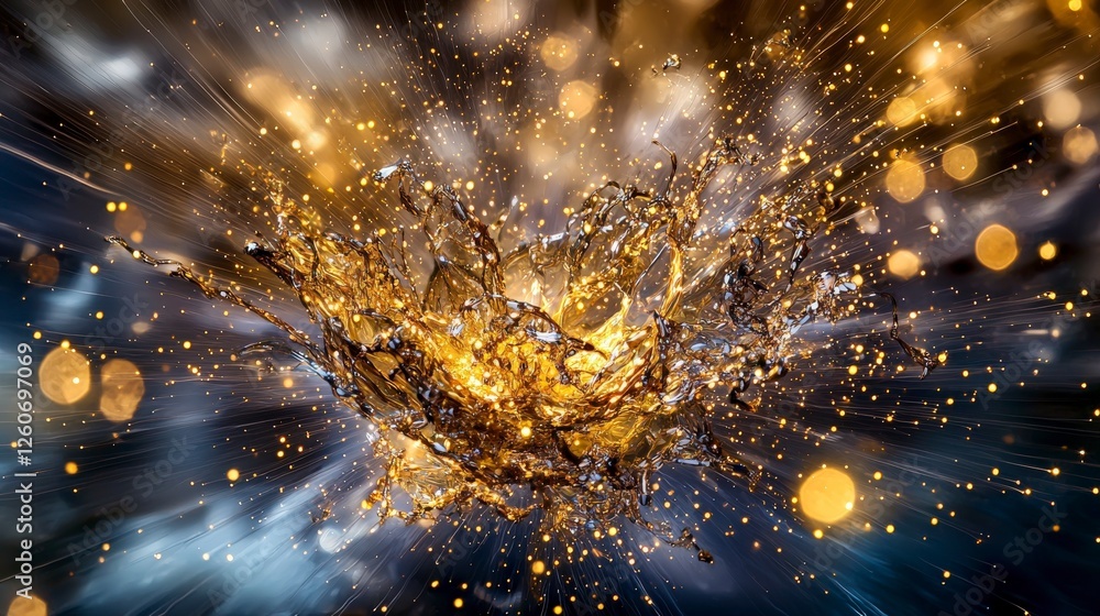 Aufkleber Dynamic splash of gold light spots dispersing in all directions abstract art studio setting close-up view