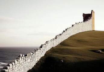 Fototapeta premium Historic Stone Wall Overlooking Calm Ocean on Serene Hilltop