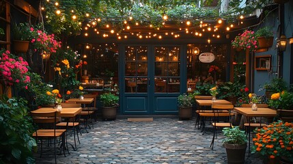Trendy garden cafe setup with bistro-style seating, vibrant flowers, and warm string lights