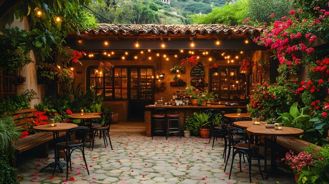 Trendy garden cafe setup with bistro-style seating, vibrant flowers, and warm string lights