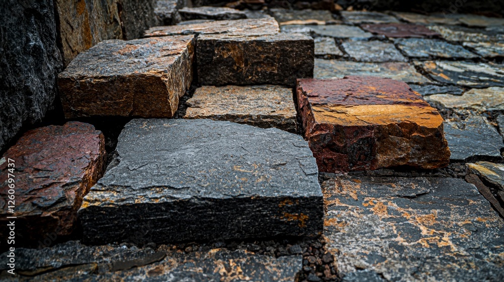 Poster photograph of layered stones creating a vibrant pathway in a natural outdoor setting close-up view