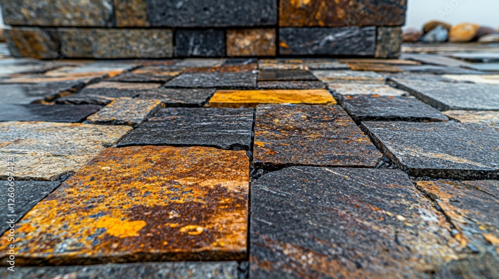 Poster layered stones with uneven textures and colors forming an artistic mosaic outdoor setting close-up v