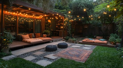 Obraz premium Family-friendly backyard with a cozy picnic area, soft lighting, and inviting outdoor decor