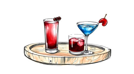 Colorful cocktails served on a rustic wooden tray