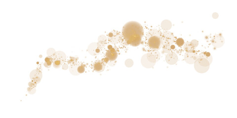 Glowing golden bokeh circles. Christmas background. Powder. Magic shining gold dust. Fine, shiny dust bokeh particles fall off slightly. Fantastic shimmer effect. PNG.