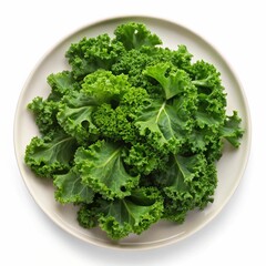 Fresh Kale Leaves on White Plate - A top-down view of fresh kale leaves arranged on a white plate, emphasizing their deep green color and texture.

