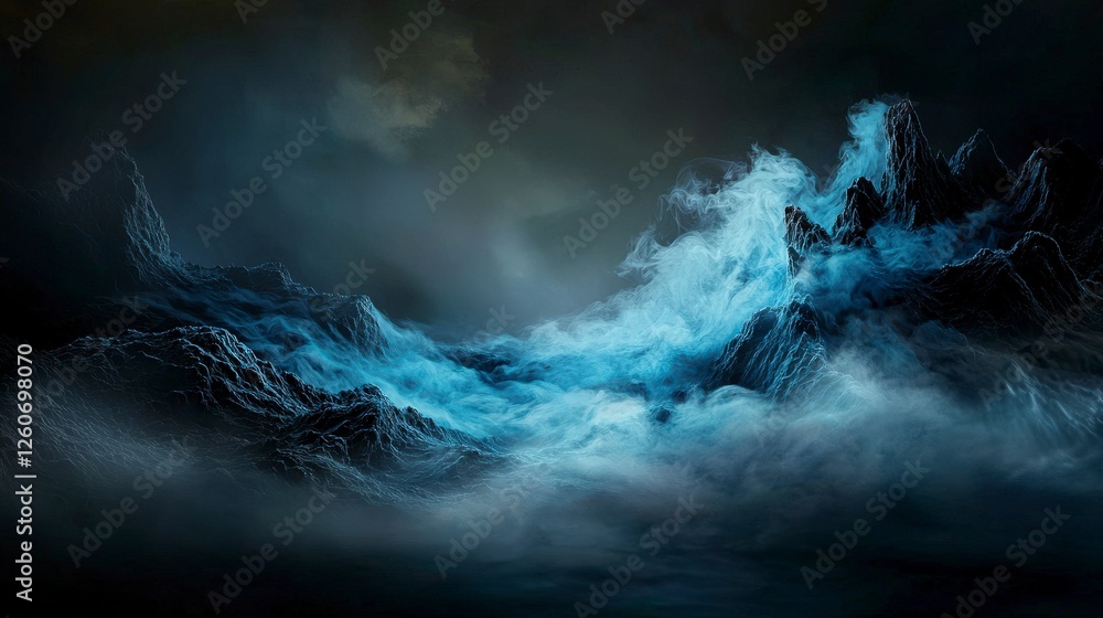 Poster soft moving fog across dark landscape enigmatic atmosphere digital artwork mysterious environment su