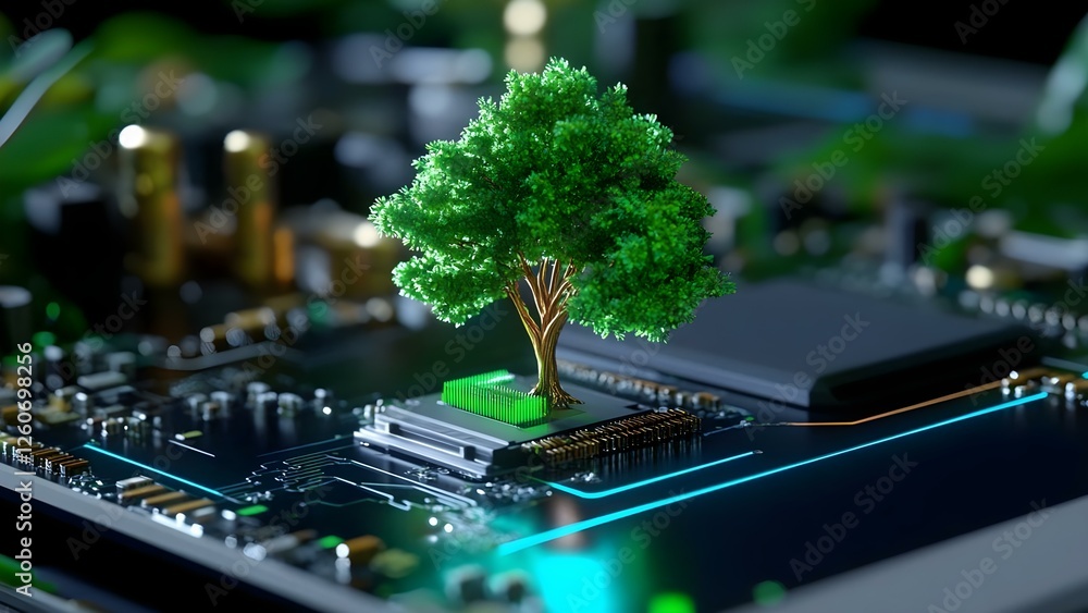 Poster a green tree growing on a computer circuit board, symbolizing the fusion of nature and technology. c