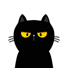 Cute funny cat kitten with yellow eyes. Sad angry face head. Black silhouette icon. Kawaii pet animal. Cartoon funny character. Childish style. Happy Halloween. Flat design. White background. Vector