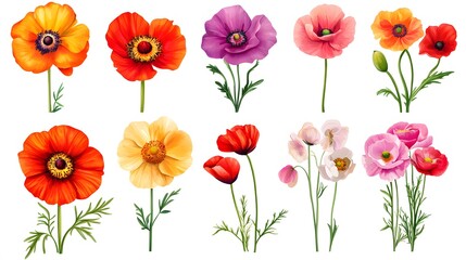 Obraz premium Vibrant Collection of Colorful Poppy Flowers Botanical Illustration
