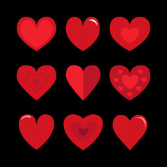 Red heart icon set. Happy Valentines day. Different shape, pattern. Love sign symbol simple template. Greeting card. Decoration element. Square composition. Flat design. Black background. Vector