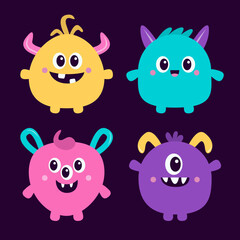Happy Halloween. Monster icon set. Cartoon kawaii funny character. Colorful silhouette monsters. Cute face with teeth, horns, eyes, hands. Childish baby collection. Flat design Black background Vector