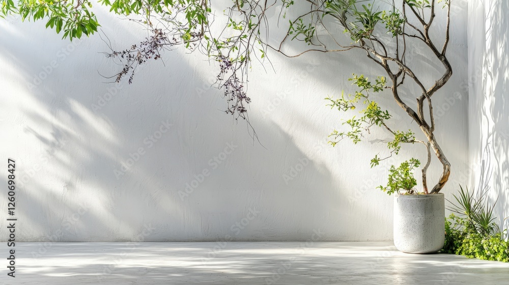 Poster soft shadows creating depth in a bright room with potted plants and white wall tranquil home environ