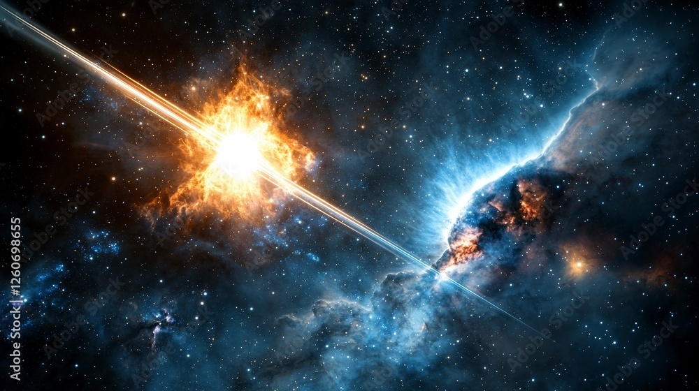 Poster Swiftly moving space objects intergalactic scene digital art cosmic environment wide-angle view futuristic concept