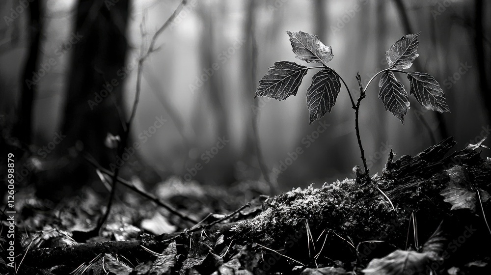 Poster misty forest photography capturing light and shadow on tree leaves in an artistic close-up