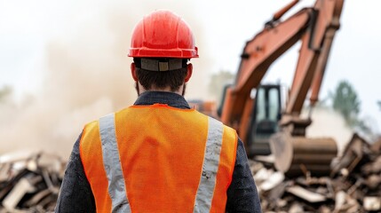 A construction worker observes a demolition site, wearing a hard hat and safety vest, with heavy machinery in the background amidst dust and debris.