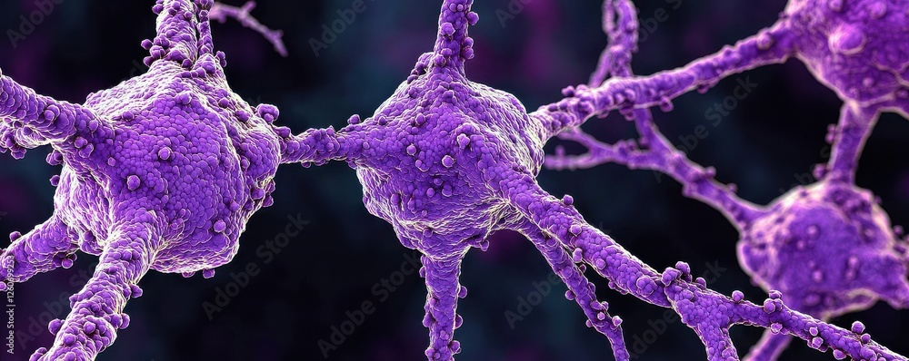 Poster a close-up view of purple neurons, showcasing their intricate structures and connections in a vibran