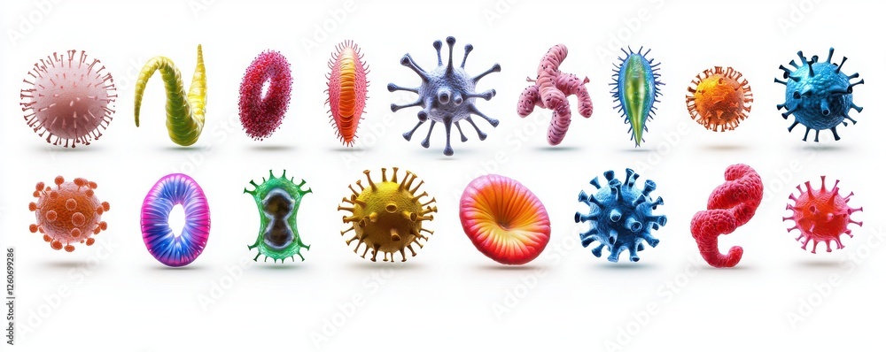 Poster a colorful array of various virus and bacteria illustrations, showcasing diverse shapes and textures