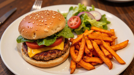Cheeseburger with fresh salad and sweet potato fries