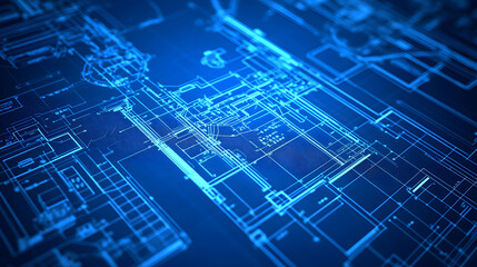 Futuristic electronic blueprints glowing in dynamic space, showcasing bright, intricate plans and designs. The vibrant patterns represent advanced technology, data, and innovation in a digital world.