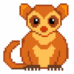 Fototapeta premium Pixel Art Cute Brown Lemur Sitting with Big Eyes and Bushy Tail