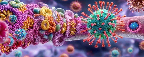 Obraz premium A vibrant, detailed depiction of viruses and cells, showcasing the intricate interactions in a microscopic world.