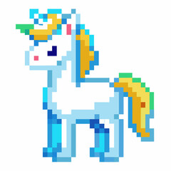Colorful Pixel Art Unicorn Illustration with Blue and Yellow Rainbow Mane