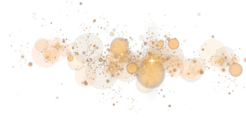 Glowing golden bokeh circles. Christmas background. Powder. Magic shining gold dust. Fine, shiny dust bokeh particles fall off slightly. Fantastic shimmer effect. PNG.