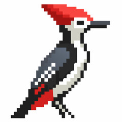 Obraz premium Pixel Art Woodpecker with Red Crest and Black Beak in Retro 8 Bit Style
