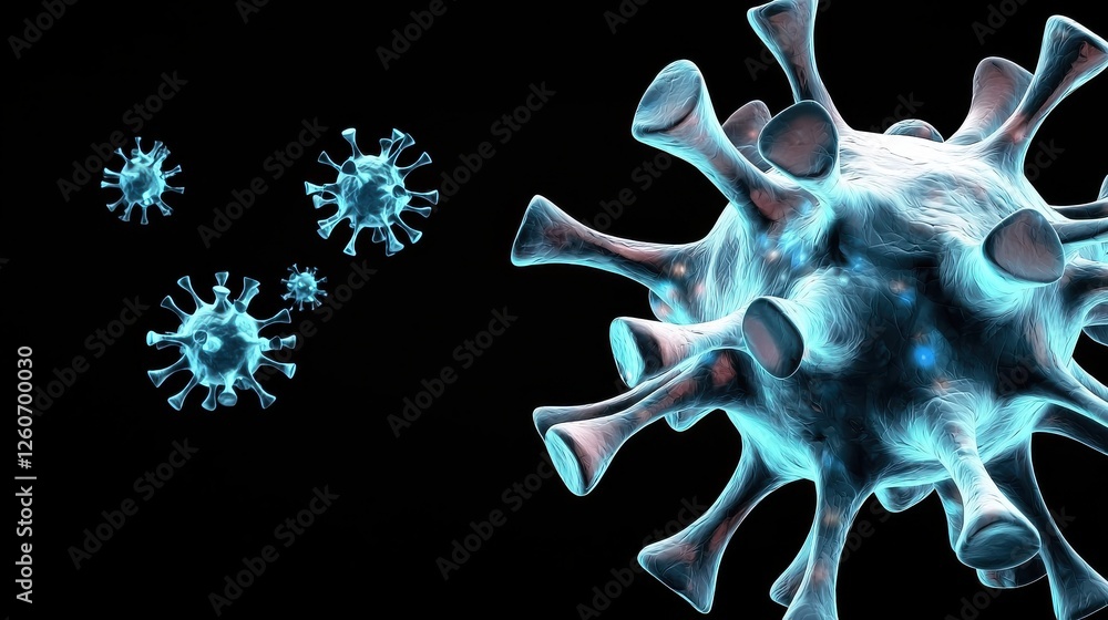 Poster a close-up view of a virus, displaying its structure and surrounding particles, set against a dark b
