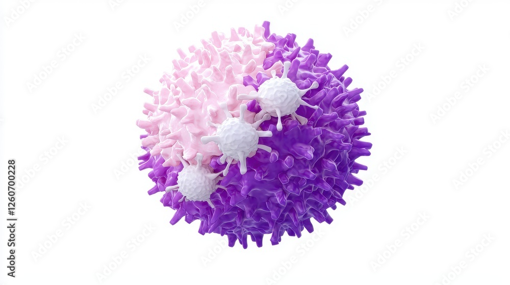 Poster a colorful, stylized representation of a cell, featuring intricate surface textures and structures, 