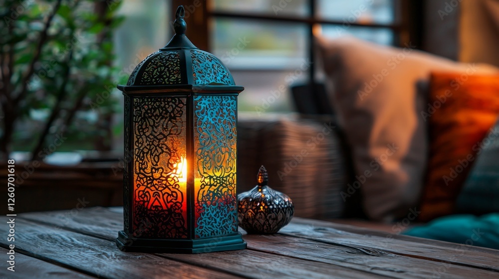 Poster an intricately designed arabic lantern emits a gentle glow, illuminating the surrounding area with i