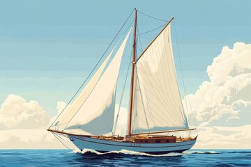 Fototapeta premium Elegant Sailboat Gliding Through Open Ocean Under Clear Blue Sky with Fluffy Clouds and Bright Sunlight Creating a Serene Nautical Scene