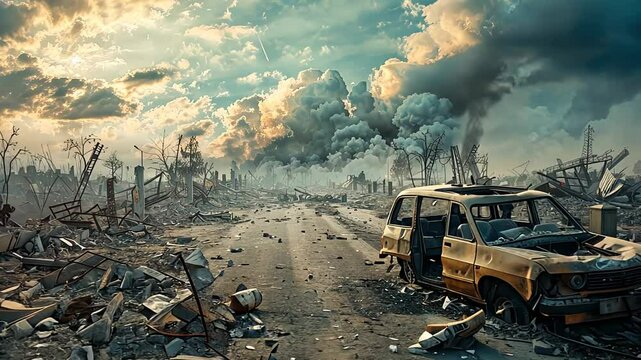 A desolate, post-apocalyptic scene featuring destroyed buildings, a wrecked car, and smoke rising into a cloudy sky.