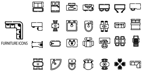 Furniture linear icons collection. Home interior, linear icons. Piece of furniture for the living room, bedroom, workplace, children's room and kitchen.. Vector illustration.