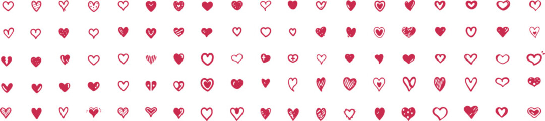 "Hand-Drawn Heart Icons Set – Doodle Style Vector on Transparent Background"