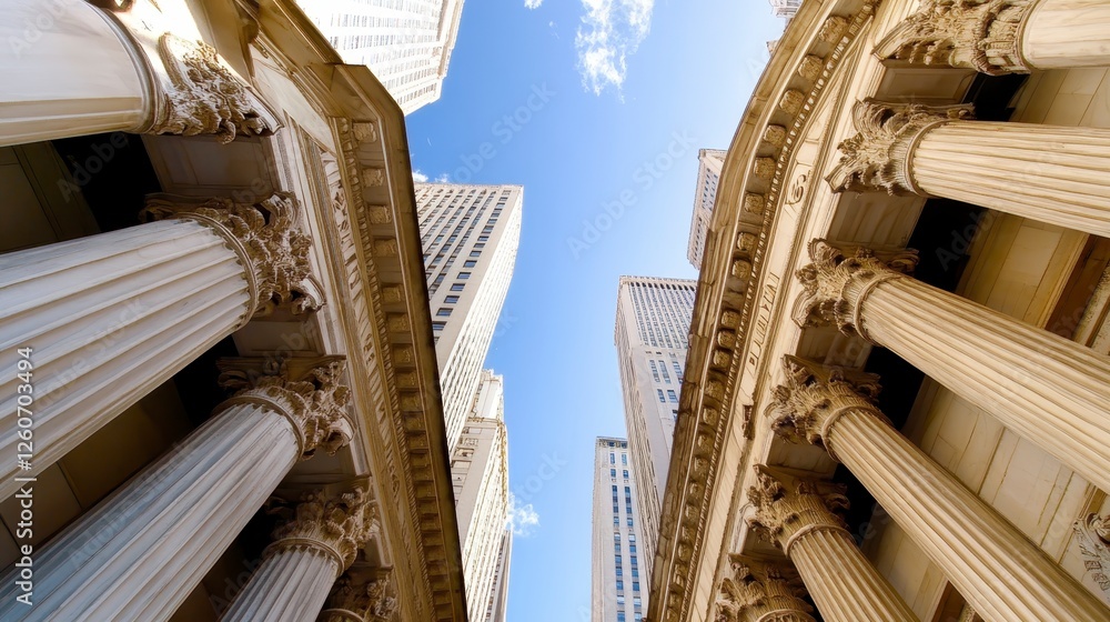 Poster low angle view of classical columns and modern skyscrapers against a partly cloudy sky, showcasing a