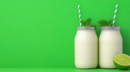 Two glass jars filled with a creamy, light yellow smoothie, garnished with fresh mint leaves and white paper straws, positioned against a vibrant