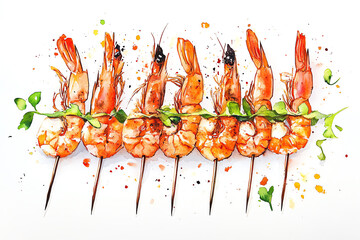 Design a visually stunning watercolor illustration of grilled prawn skewers arranged elegantly on a simple white background