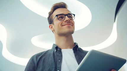 A confident young European man with glasses, with a slight smile, standing in a modern IT office with a geometric ceiling design, holds a tablet in his hand, exuding ambition and creativity.