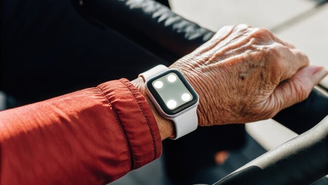 Closeup of an elderly persons wrist adorned with a sleek hydration monitor with bright LED lights blinking to indicate the need for water during a workout session.