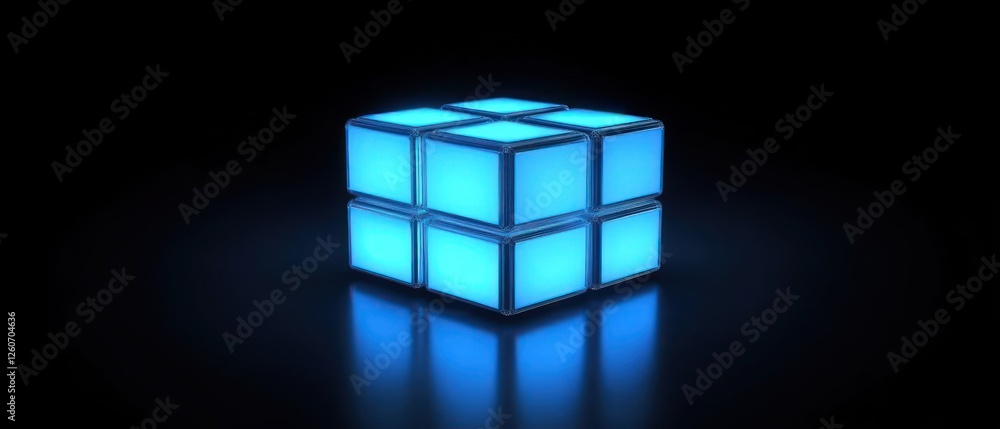 Poster glowing cube on dark surface with reflections