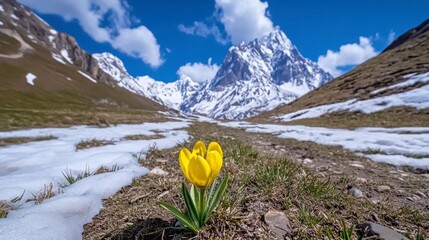 A single vibrant yellow flower blooms amidst patches of melting snow in a high mountain valley. The flower is centered in the image,  with the snow