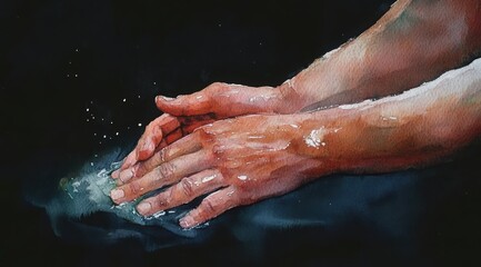 Fototapeta premium Gentle hands engage with water, causing delicate ripples to form. This tranquil moment showcases a connection to nature in a peaceful setting, emphasizing simplicity and harmony