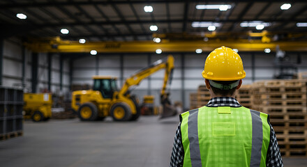 The layout features a central figure, a person with light skin, viewed from behind, wearing a yellow hard hat and a neon green safety vest over a checkered shirt.