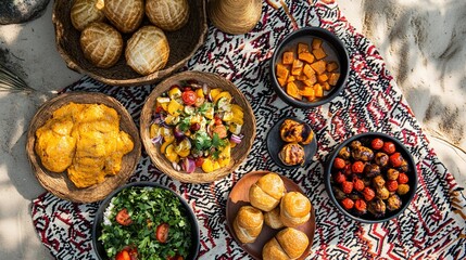 Fototapeta premium Desert picnic delicious food, sunny day, sandy background, ideal for travel blogs