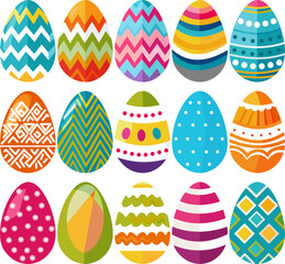 Set of colorful, happy Easter eggs with patterns and textures for painting or decoration on an isolated and transparent background. Cute icons, elements and symbols for a spring holiday design